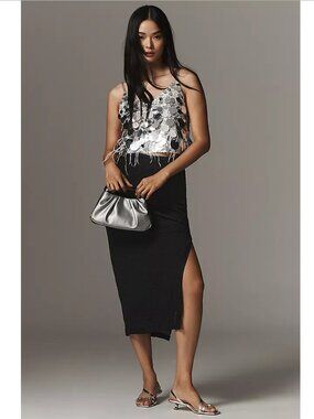 NWT ASTR The Label - Keely Black Textured Midi Skirt with Side Slit - L